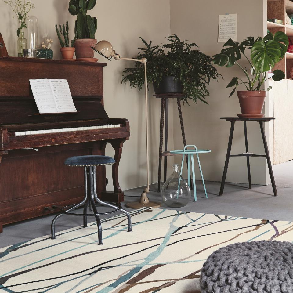 bc kleurig vloerkleed met planten en piano